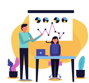 Man and woman presenting business charts on a whiteboard