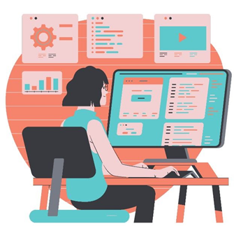 Vector of woman on desk working in front of huge monitor
