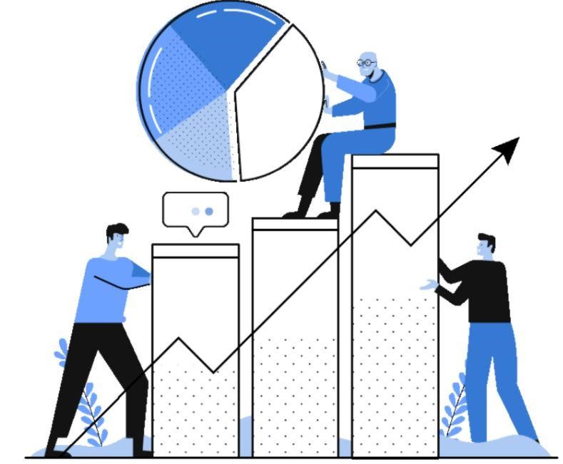 Blue vector of workers tinkering with business graphs, charts and pies