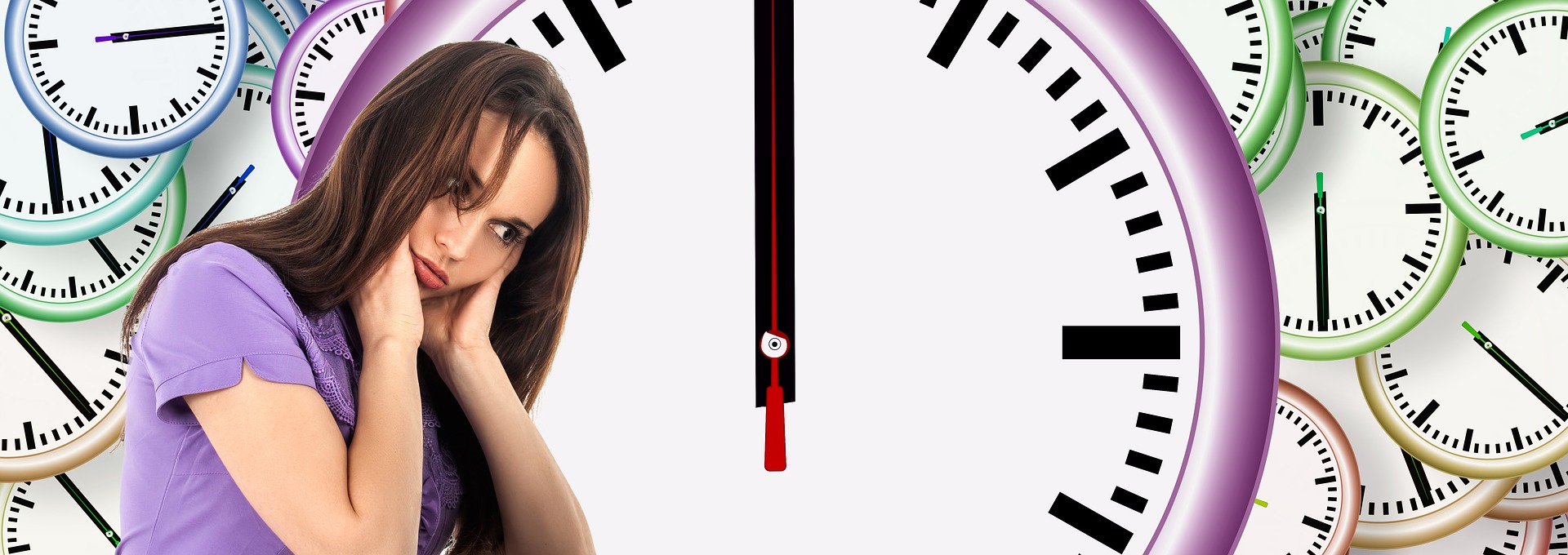 ﻿Woman covering her ears and trying to ignore numerous clocks in background
